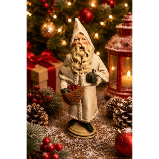 Vintage Walnut Ridge Collectibles Santa Figurine White Robe Basket 1996 9.5"