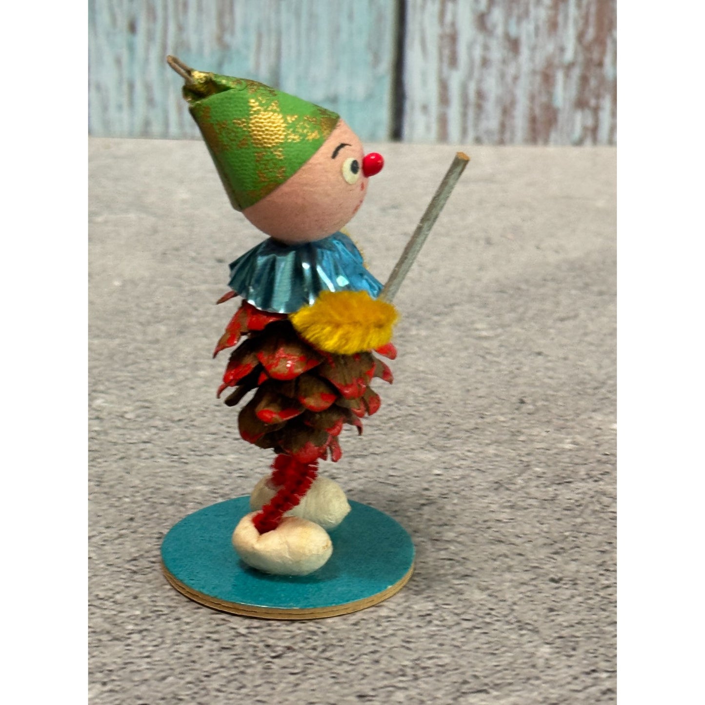 Vintage Pinecone Elf Christmas Ornaments Green Hats Foil Collars Made in Germany