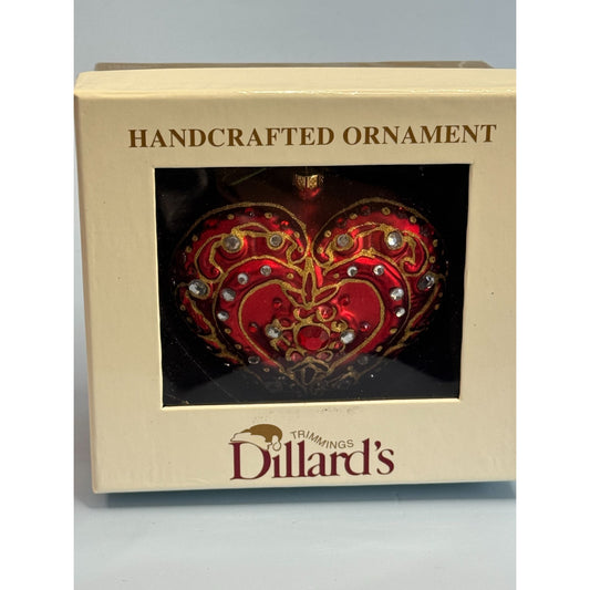 Dillards Handcrafted Glass Heart Ornament Red Jeweled 3" x 3 1/4" Boxed
