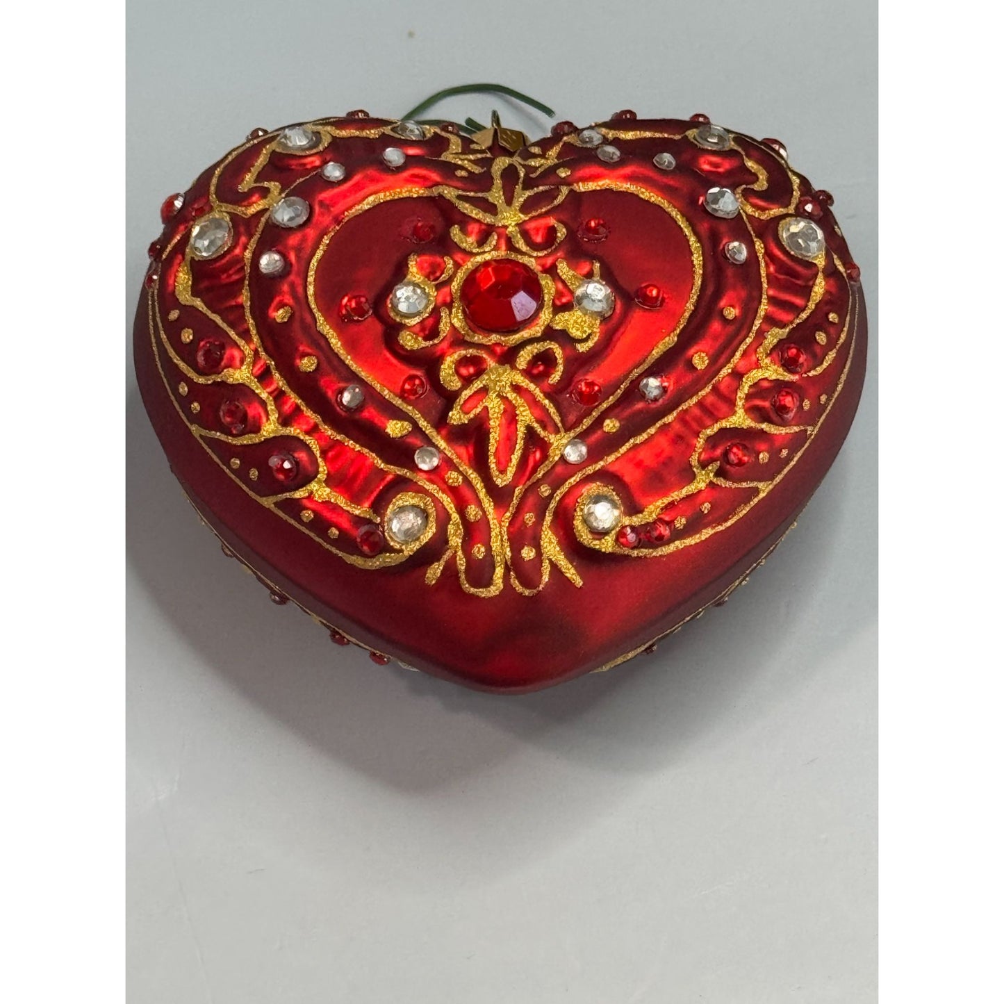 Dillards Handcrafted Glass Heart Ornament Red Jeweled 3" x 3 1/4" Boxed