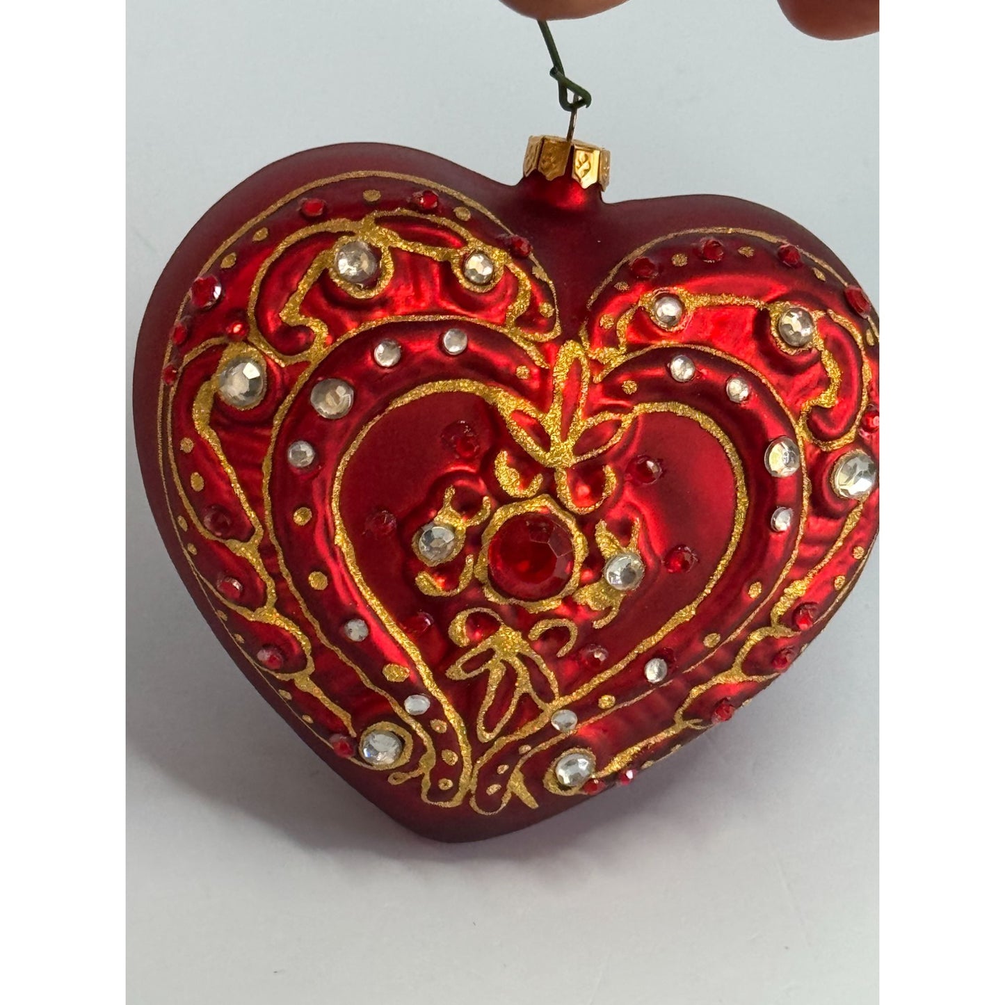 Dillards Handcrafted Glass Heart Ornament Red Jeweled 3" x 3 1/4" Boxed