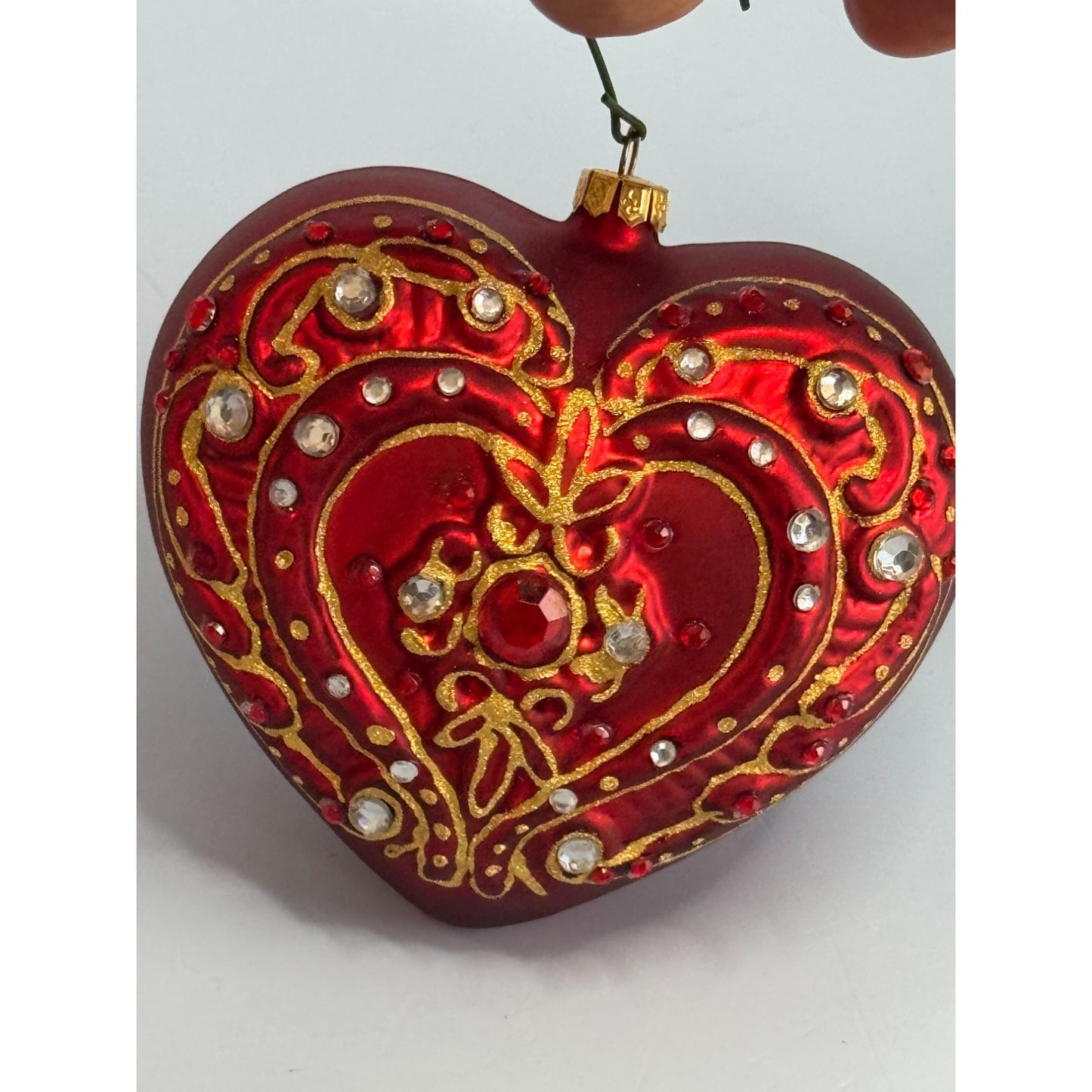 Dillards Handcrafted Glass Heart Ornament Red Jeweled 3" x 3 1/4" Boxed