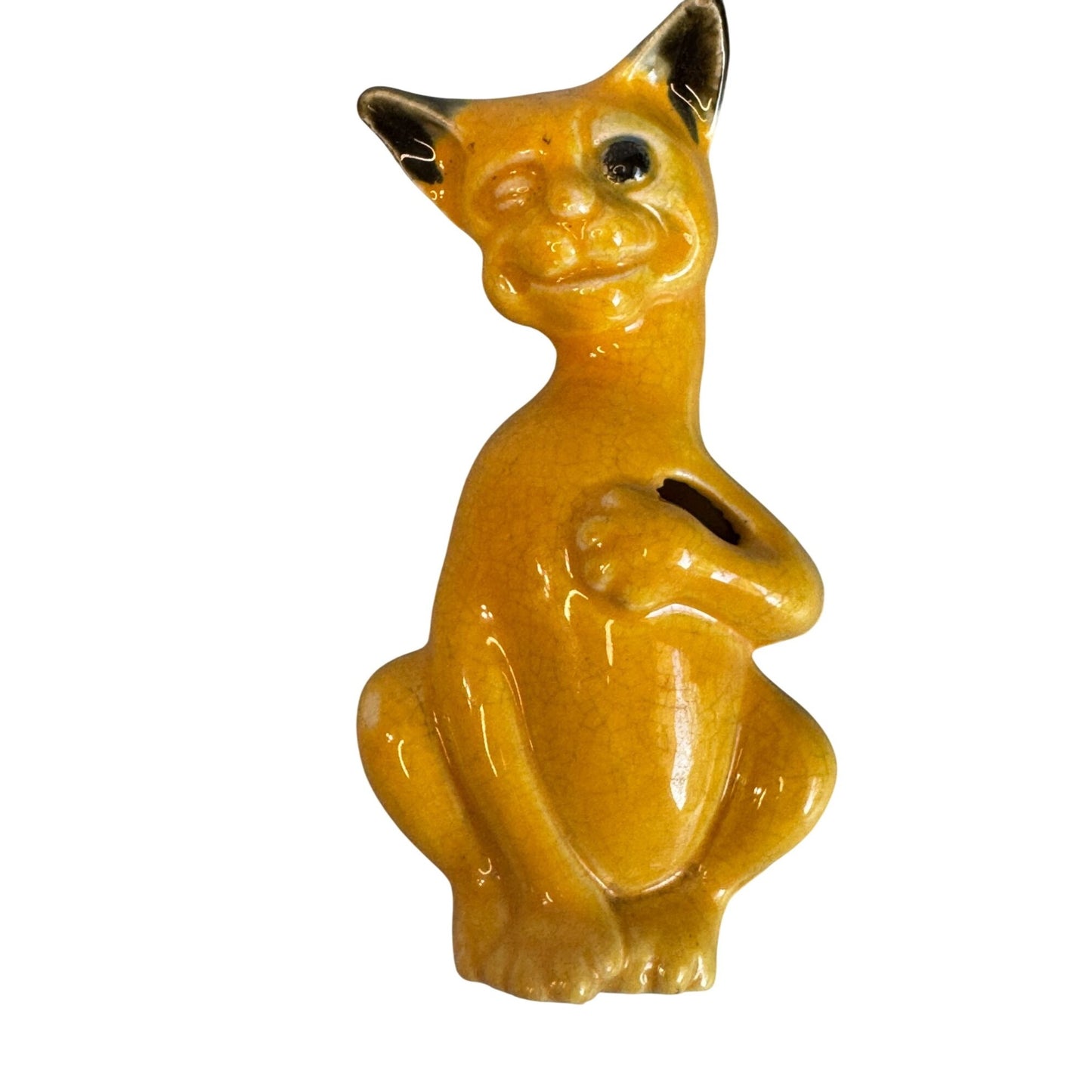 Vintage Siamese Cat Wall Pocket Yellow Ceramic Crackle Glaze Japan 6 Inches