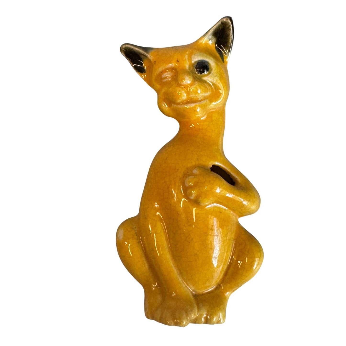 Vintage Siamese Cat Wall Pocket Yellow Ceramic Crackle Glaze Japan 6 Inches