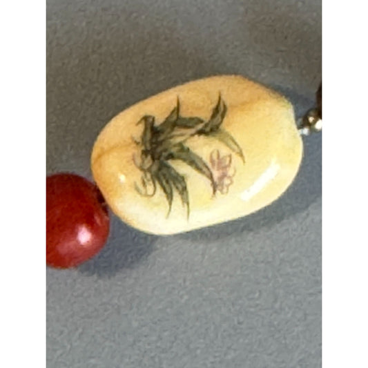 Artisan Necklace Bamboo Beads Cream Tone Carved Floral Focal 16 Inches