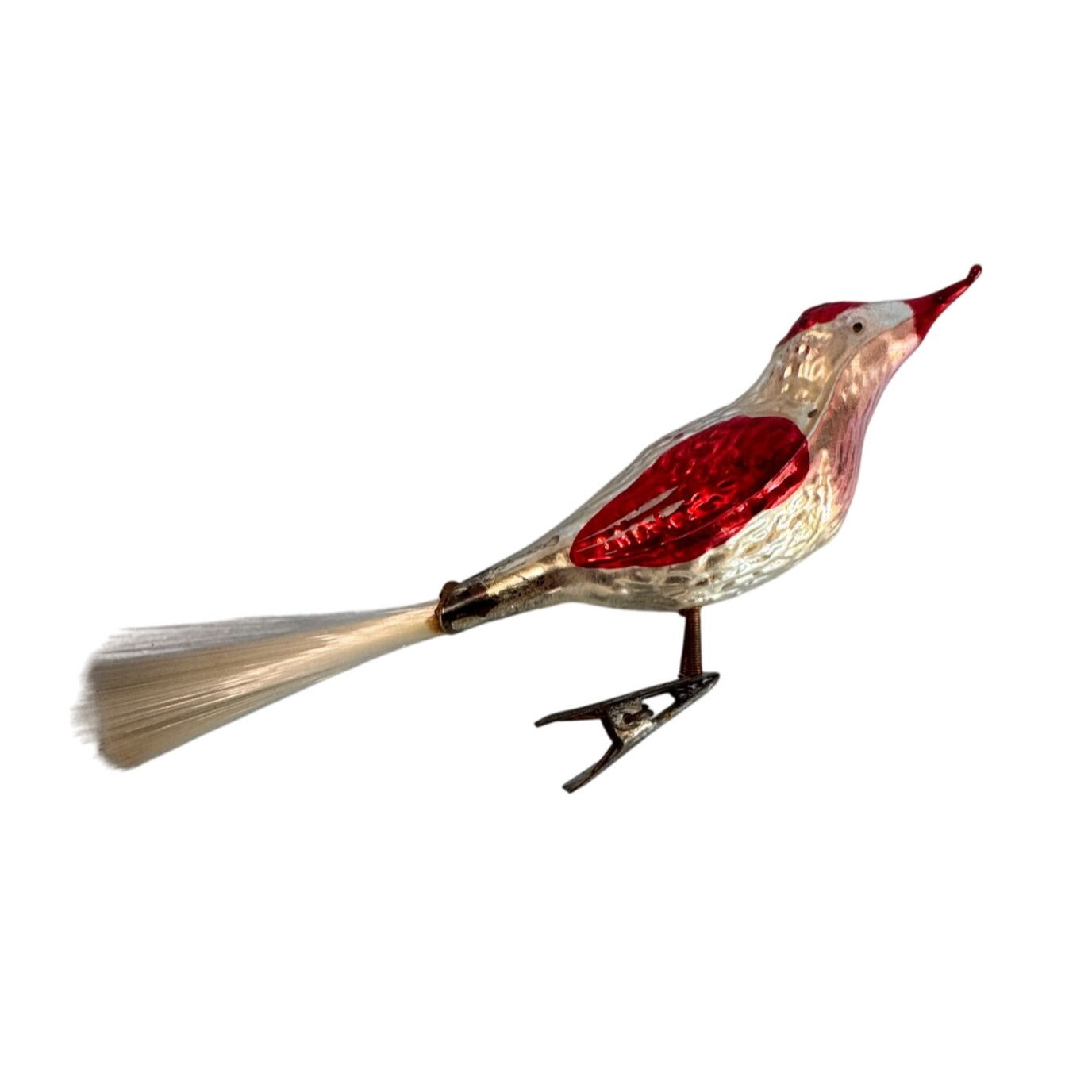 Vintage Blown Glass Bird Ornament Red Silver With Spun Glass Tail 6" Germany
