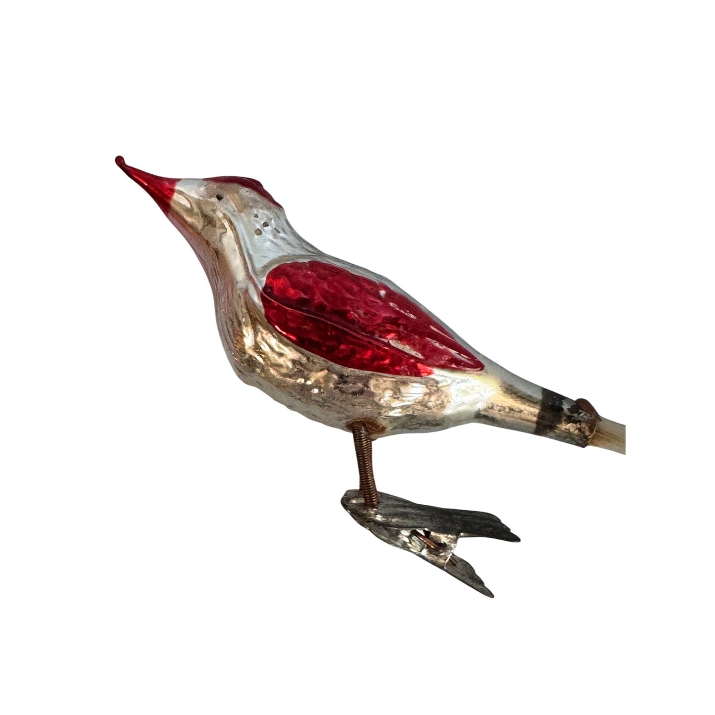Vintage Blown Glass Bird Ornament Red Silver With Spun Glass Tail 6" Germany