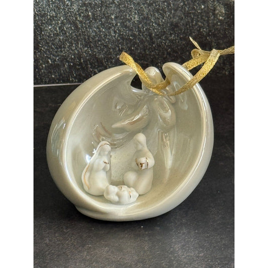 AppleTree Design Porcelain Nativity Christmas Ornament White Luster Finish Gold Ribbon Trim