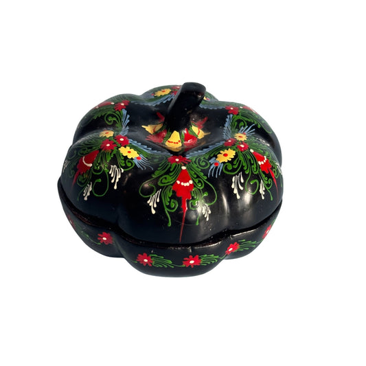 Vintage Black Lacquer Pumpkin Shape Trinket Box Hand-Painted Floral Design 3"
