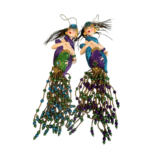 Mardi Gras Porcelain Mermaid Ornaments Set of 2 Beaded Fringe Purple Green Gold 12"