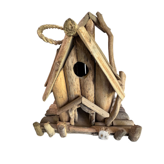 Rustic Handcrafted Driftwood Birdhouse With Rope Handle
