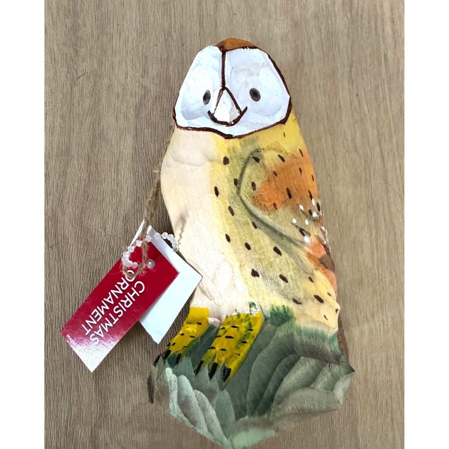 Hand-Carved Wooden Owl Christmas Ornament 4 1/4" High
