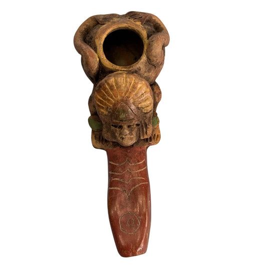 Hand Carved Stone Smoking Pipe Tribal Warrior Mayan Aztek Design 4 Inches