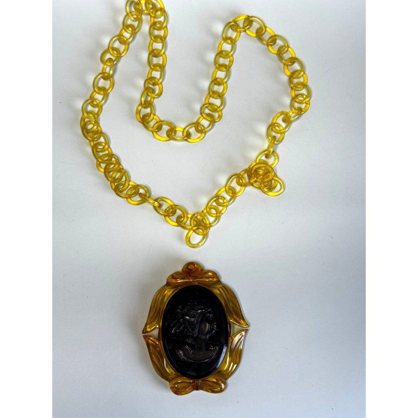 Apple Juice Bakelite Reverse Carved Cameo Pendant Necklace Celluloid Chain 1930s