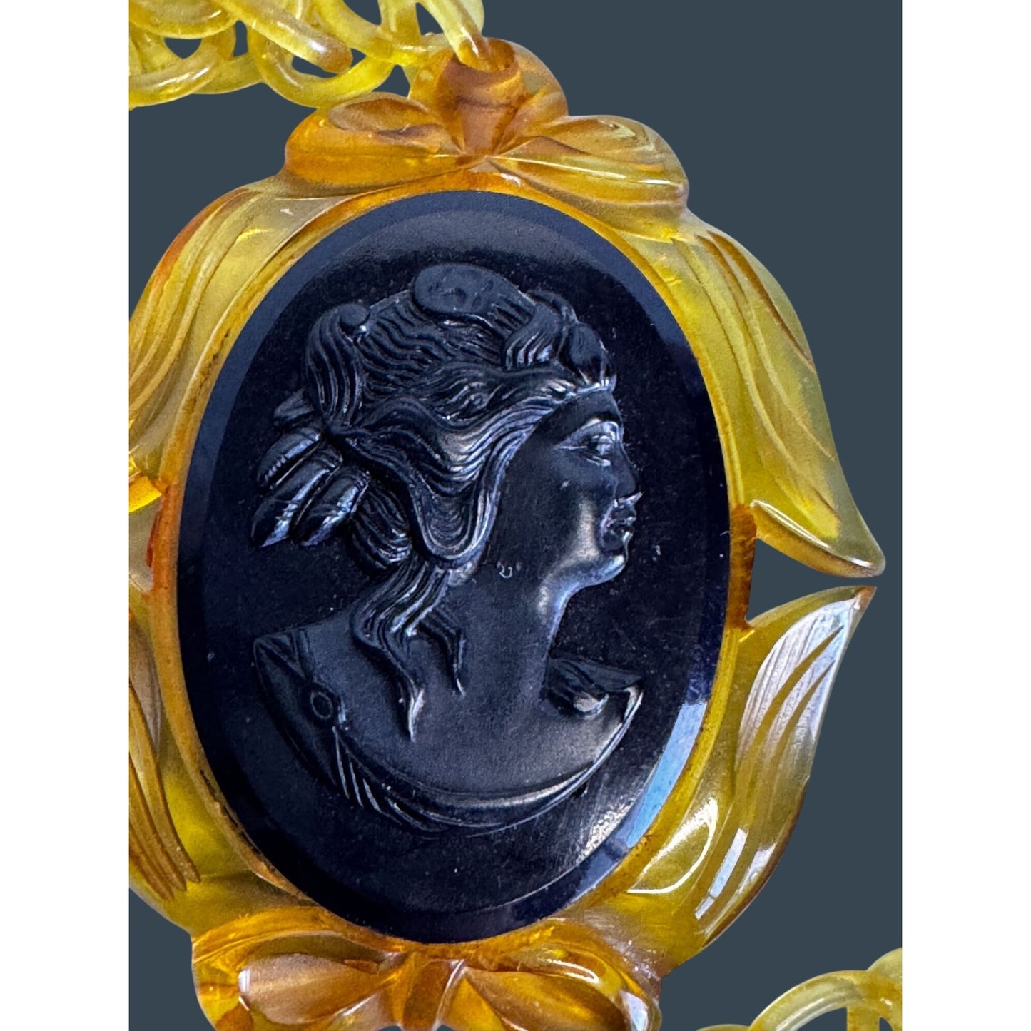 Apple Juice Bakelite Reverse Carved Cameo Pendant Necklace Celluloid Chain 1930s