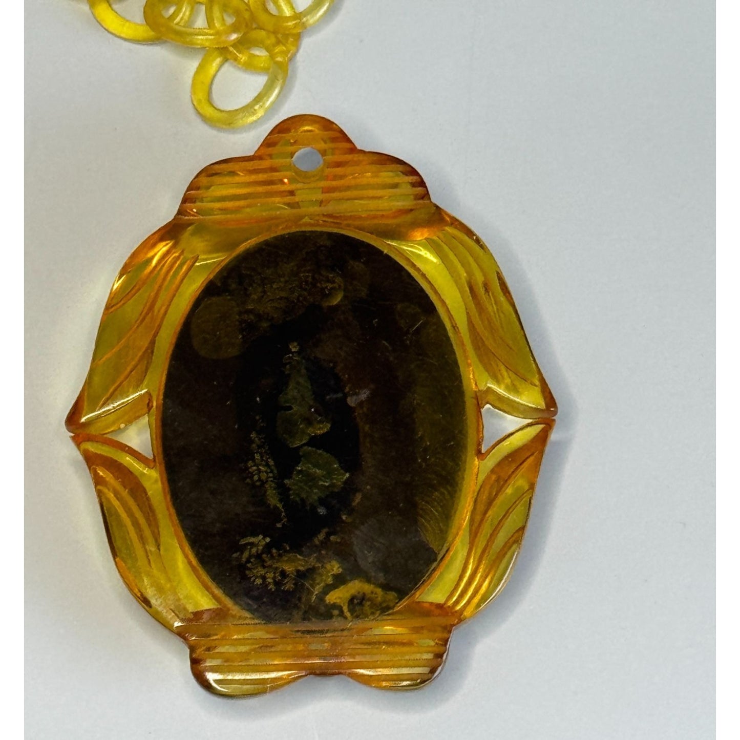 Apple Juice Bakelite Reverse Carved Cameo Pendant Necklace Celluloid Chain 1930s