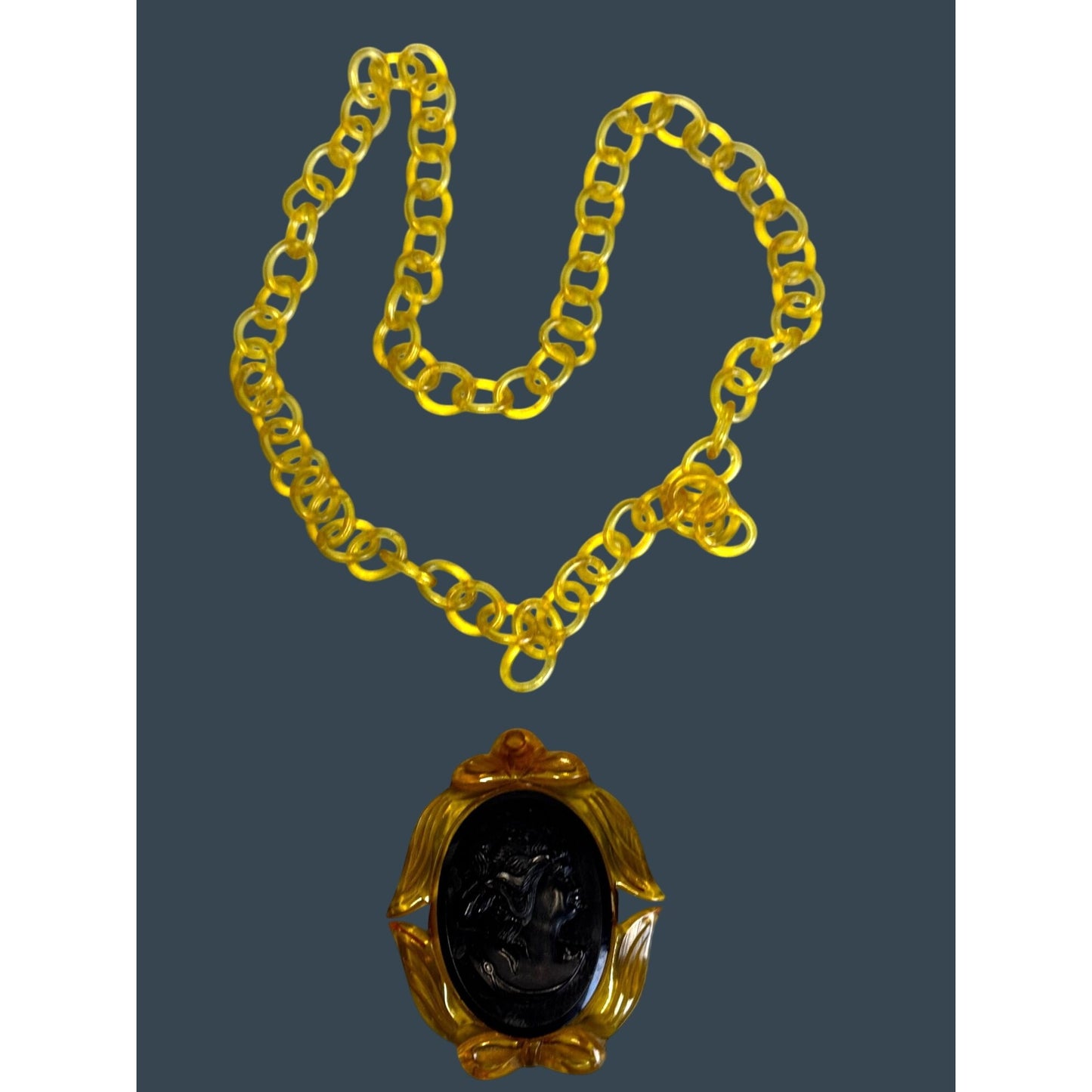 Apple Juice Bakelite Reverse Carved Cameo Pendant Necklace Celluloid Chain 1930s