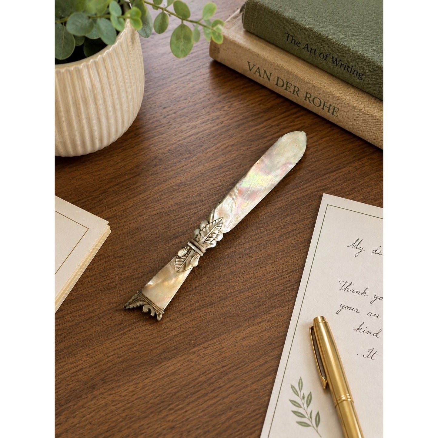 Carved Mother Of Pearl Letter Opener Victorian Leaf Design Desk Accessory 7 1/2"