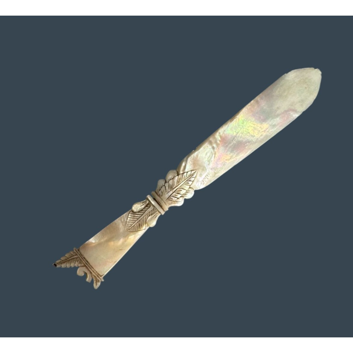 Carved Mother Of Pearl Letter Opener Victorian Leaf Design Desk Accessory 7 1/2"