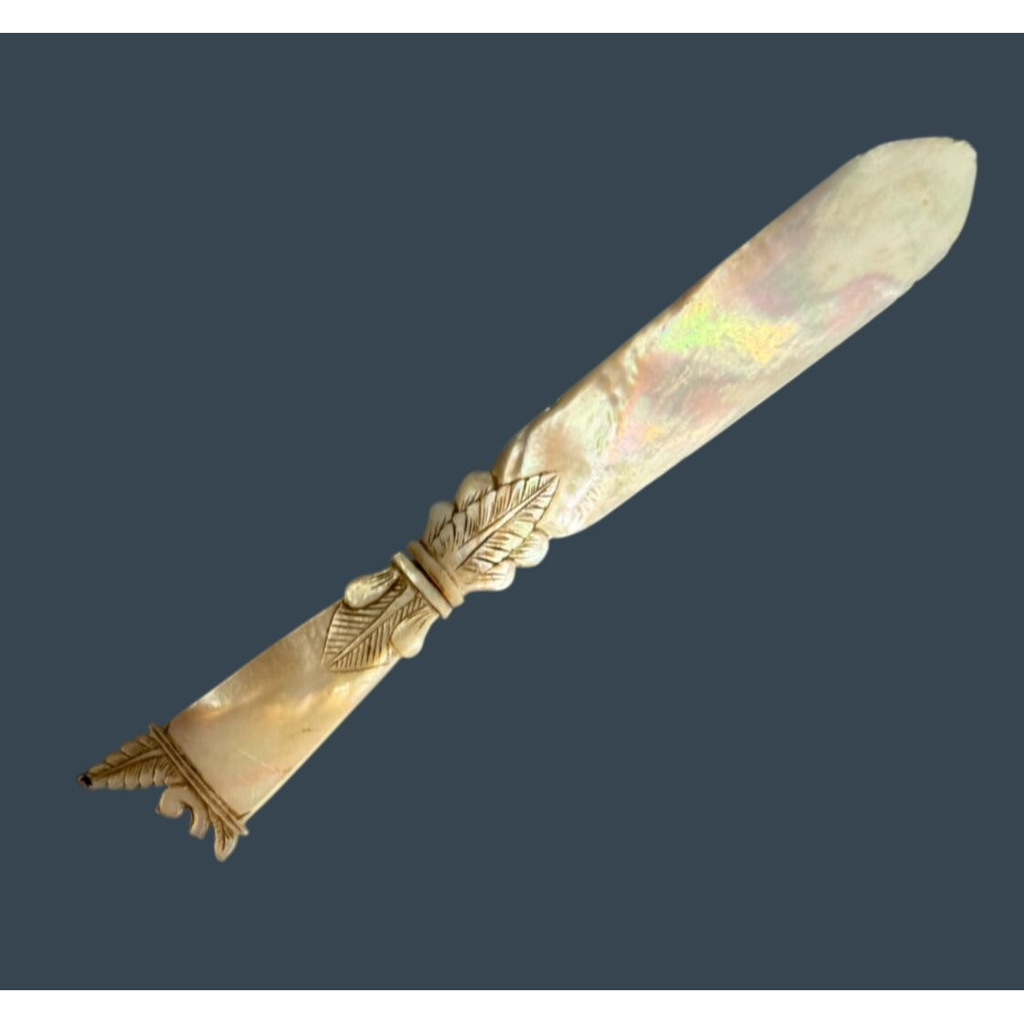 Carved Mother Of Pearl Letter Opener Victorian Leaf Design Desk Accessory 7 1/2"