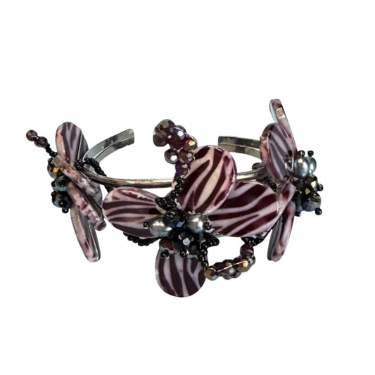 Purple Zebra Print Glass Flower Cuff Bracelet Beaded Accents Statement Jewelry 7