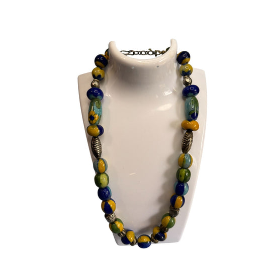 Vintage Venetian Millefiori Glass Beaded Necklace With Silver Accents 18"