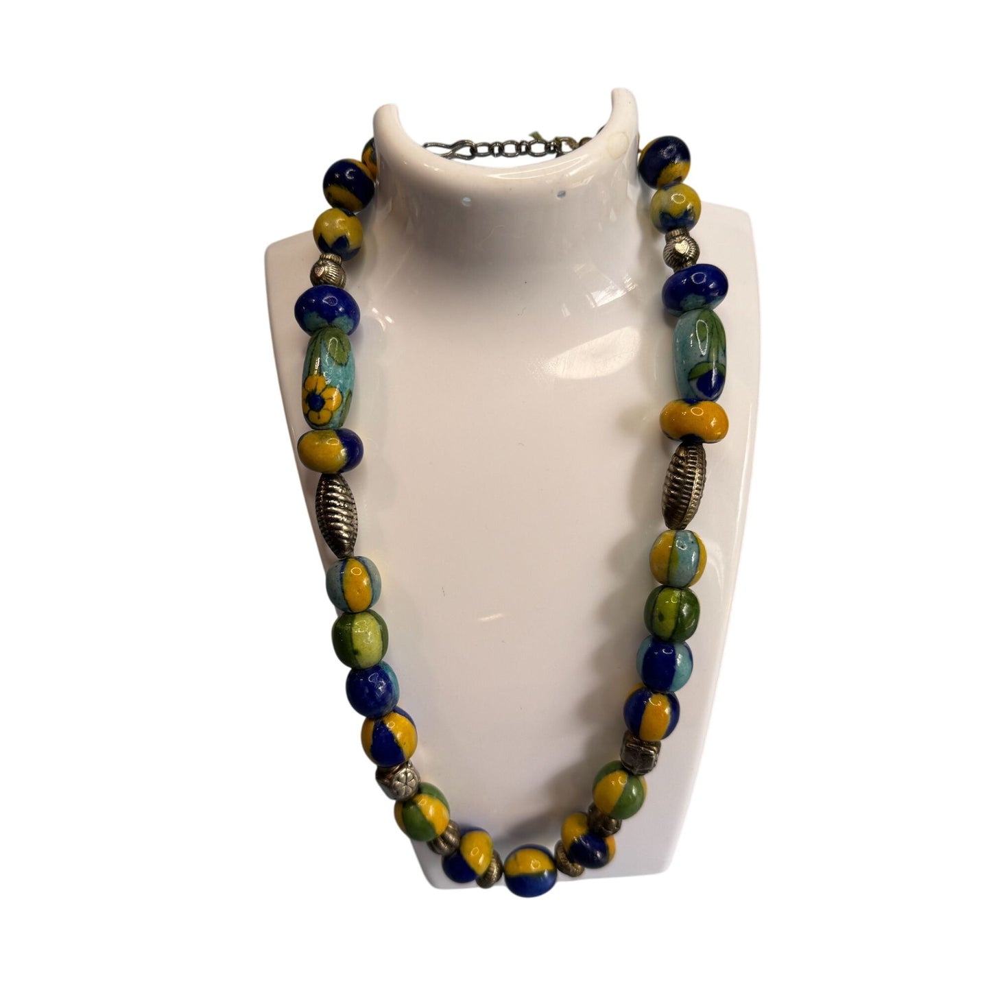 Vintage Venetian Millefiori Glass Beaded Necklace With Silver Accents 18"