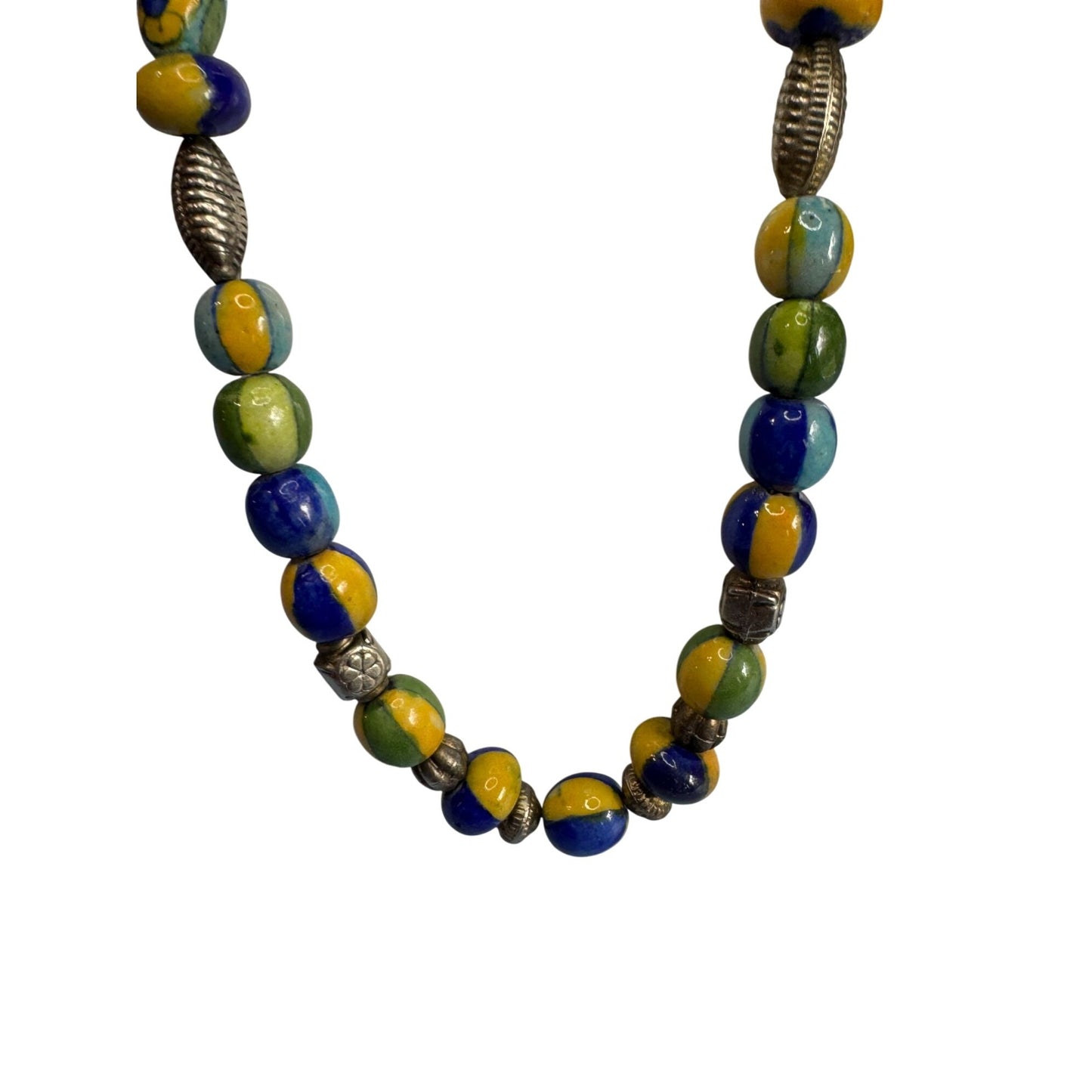 Vintage Venetian Millefiori Glass Beaded Necklace With Silver Accents 18"