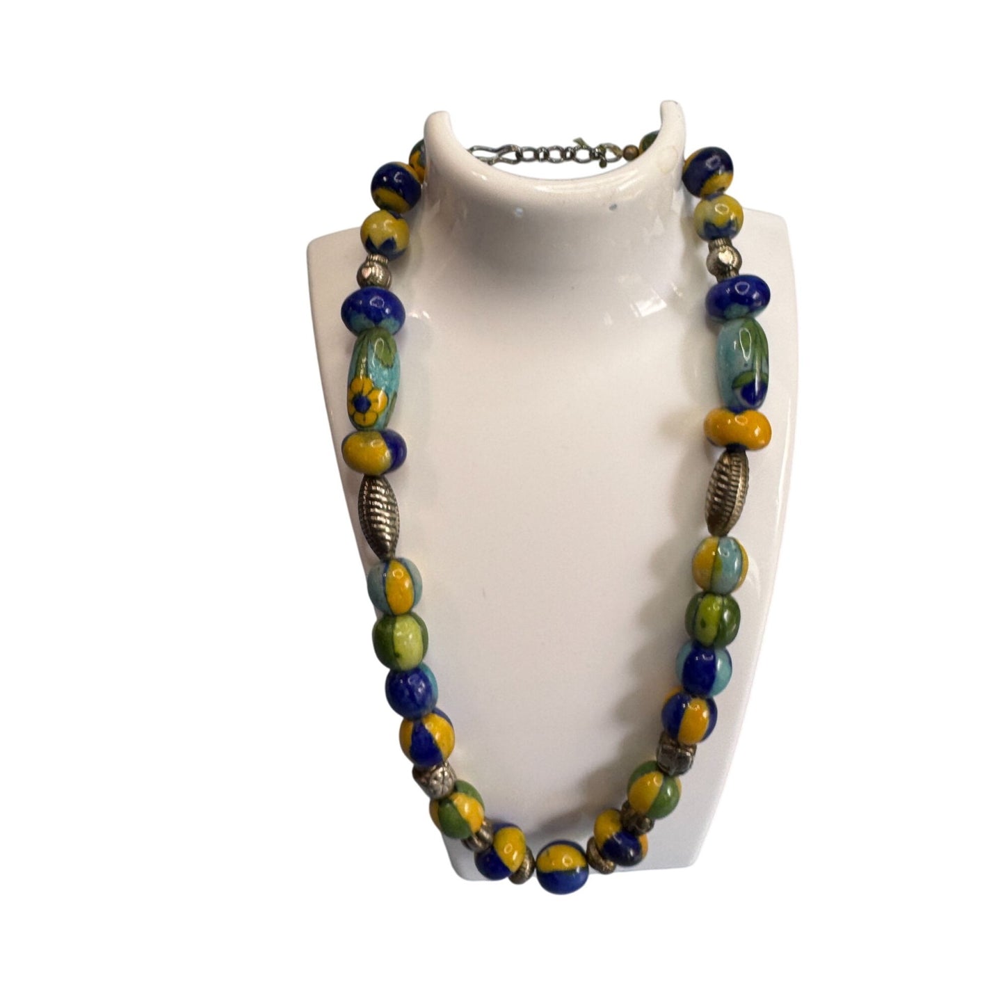 Vintage Venetian Millefiori Glass Beaded Necklace With Silver Accents 18"