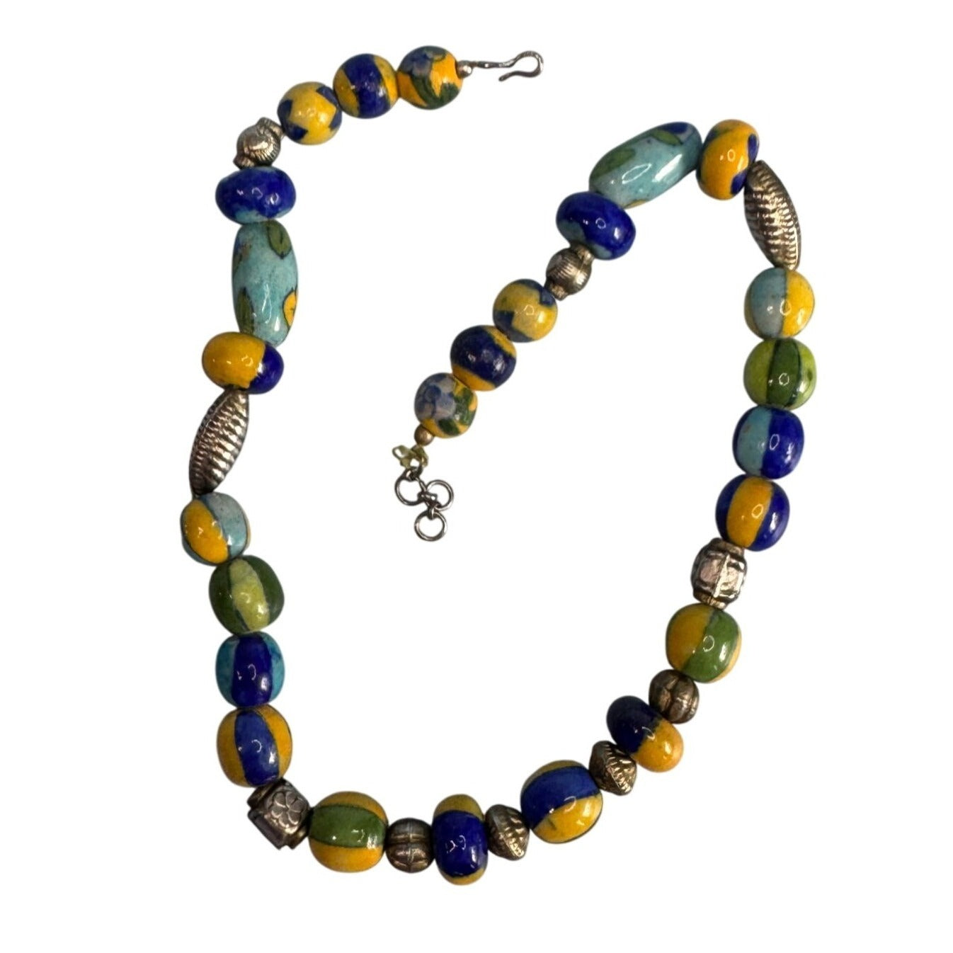 Vintage Venetian Millefiori Glass Beaded Necklace With Silver Accents 18"