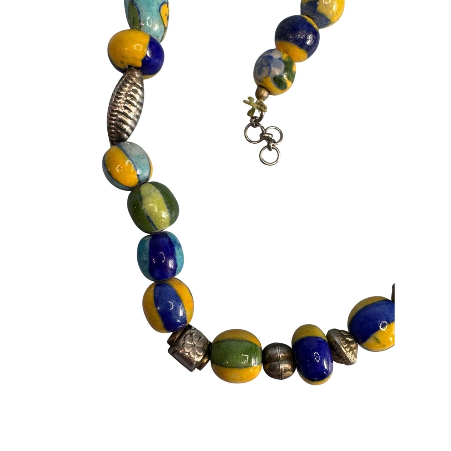 Vintage Venetian Millefiori Glass Beaded Necklace With Silver Accents 18"