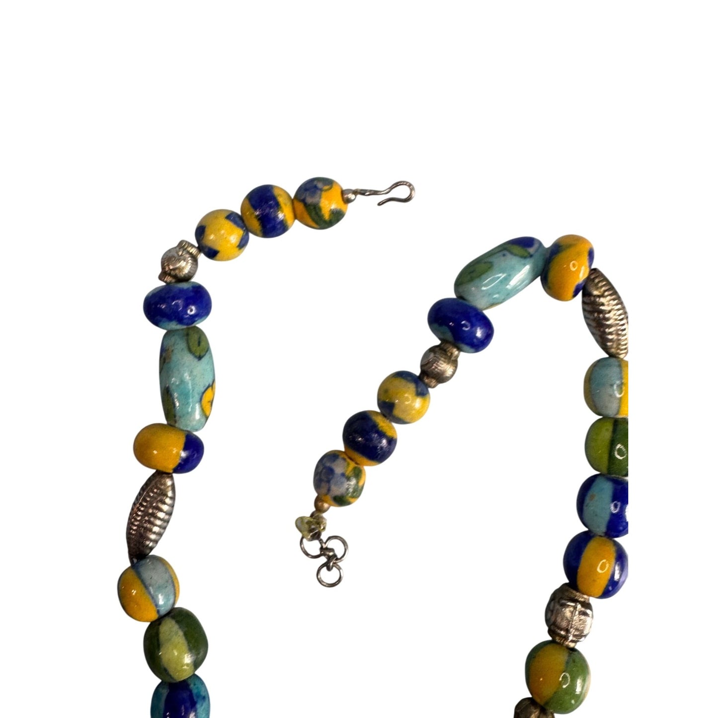 Vintage Venetian Millefiori Glass Beaded Necklace With Silver Accents 18"