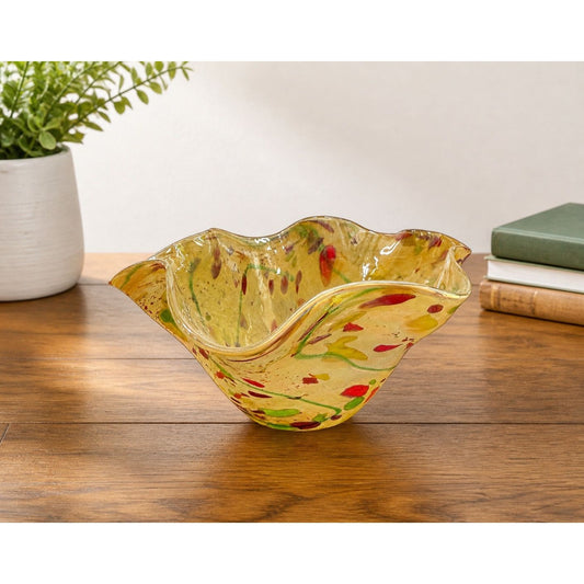 Glass Eye Studio Ruffled Art Glass Bowl Iridescent Confetti 6" USA
