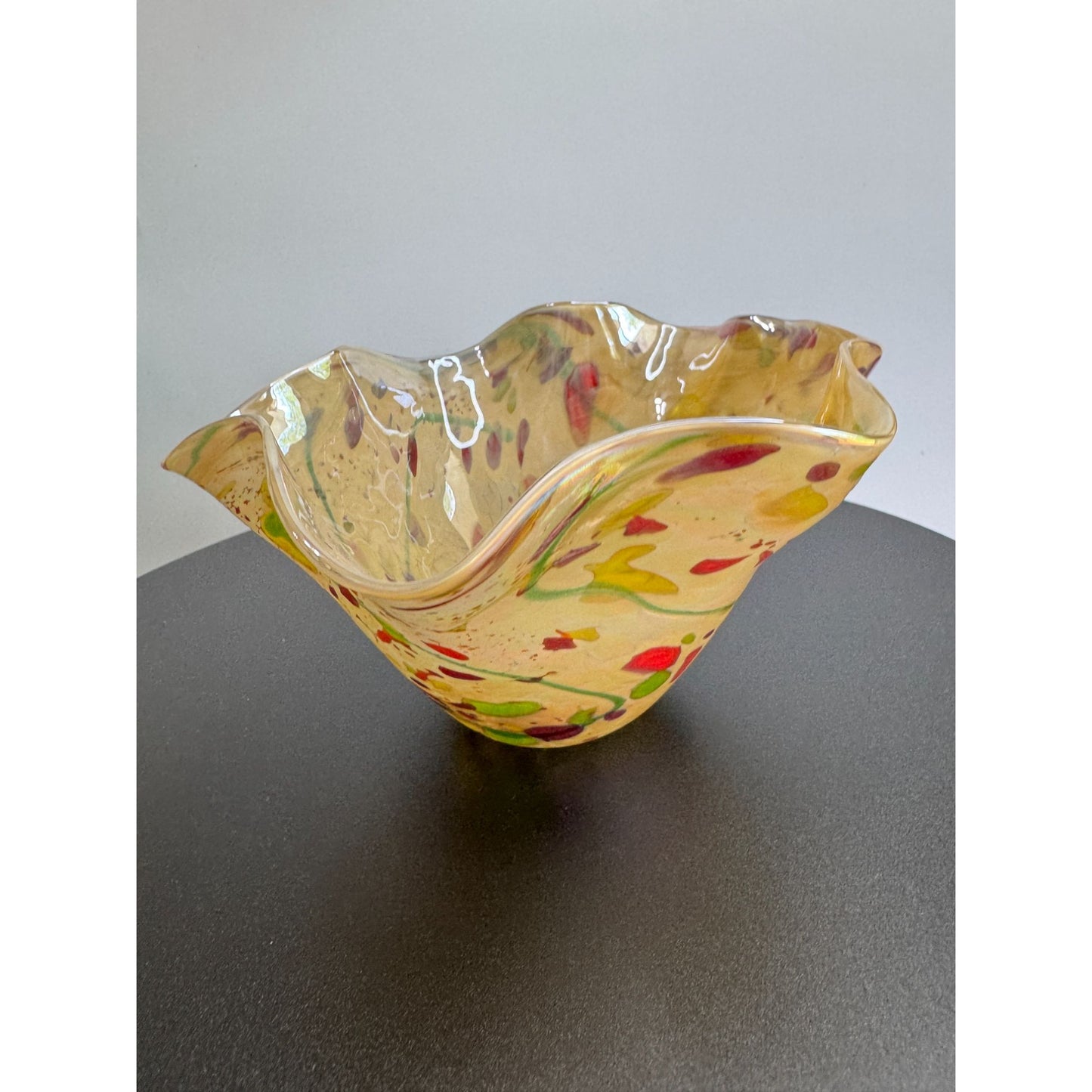 Glass Eye Studio Ruffled Art Glass Bowl Iridescent Confetti 6" USA