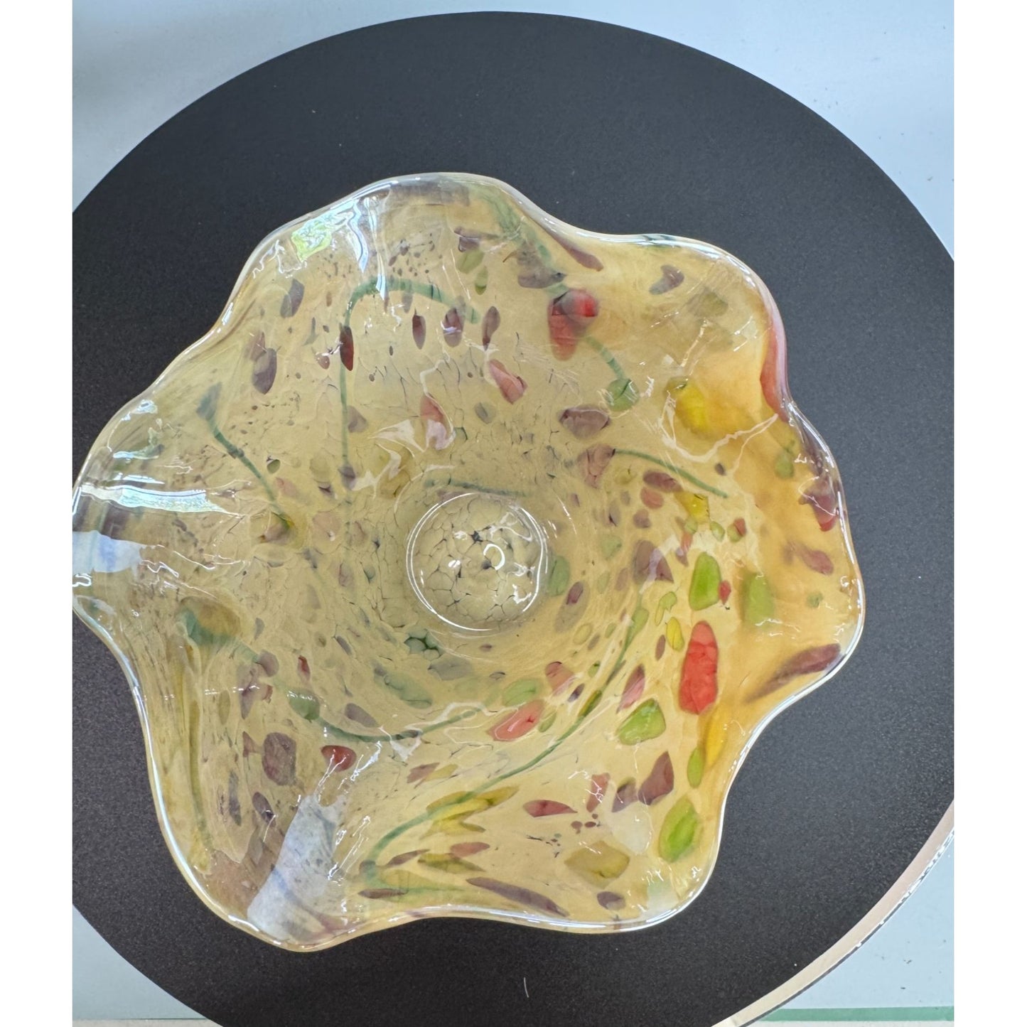 Glass Eye Studio Ruffled Art Glass Bowl Iridescent Confetti 6" USA