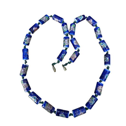 Vintage Chinese Cloisonne Blue Floral Glass Bead Necklace With Barrel Clasp 22"