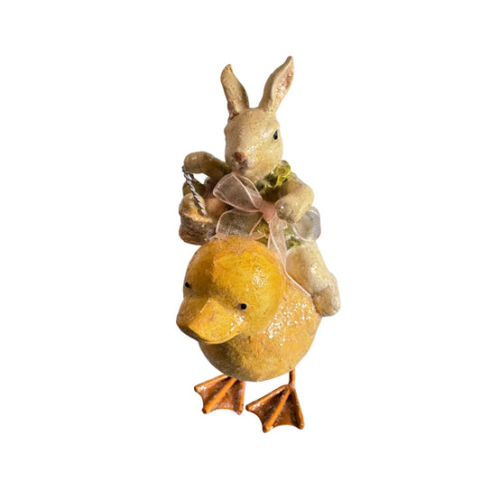 Vintage-Inspired 6" Resin Easter Bunny Riding Baby Duck Figurine