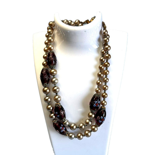 Vintage Japan Cultured Pearl Necklace With Glass Lampwork Beads 16" Elegant Jewelry Piece For Women