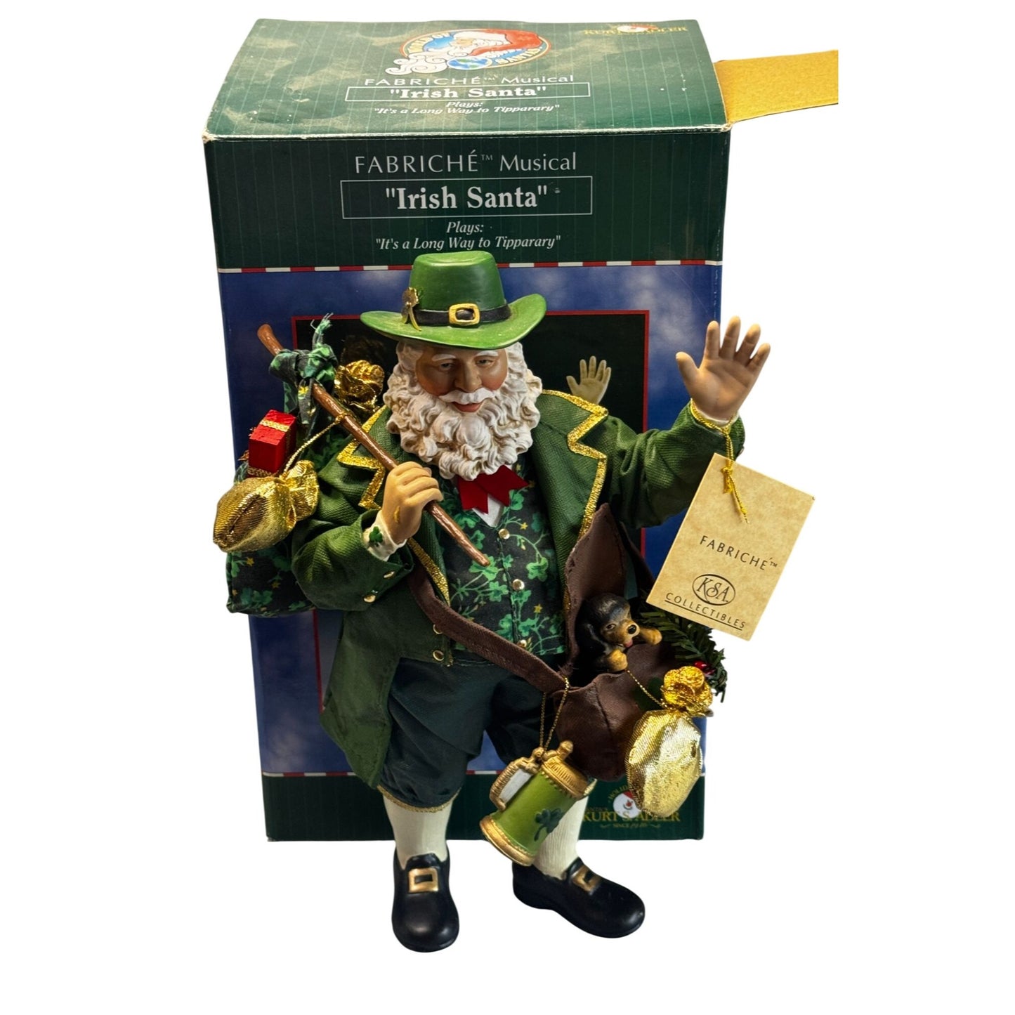 Kurt Adler Fabriché Irish Santa Musical Figurine Green Outfit 11" Box Tag