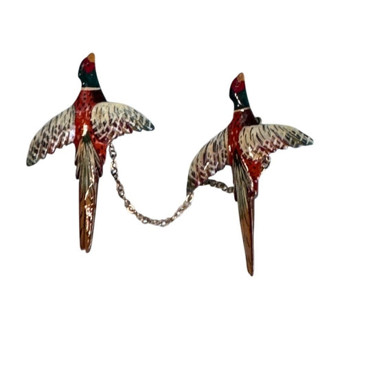 Vintage Carved Wooden Pheasant Bird Brooch Pin Hand Painted Takahashi Style