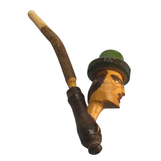 Hand-Carved Italian Character Pipe Wood Green Yellow Mid Century Decorative