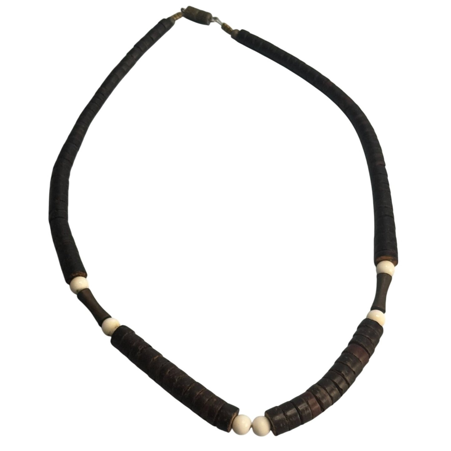 Heshi Style Wood Beads Tribal Folk Art Necklace Brown White 17 Inch Vintage