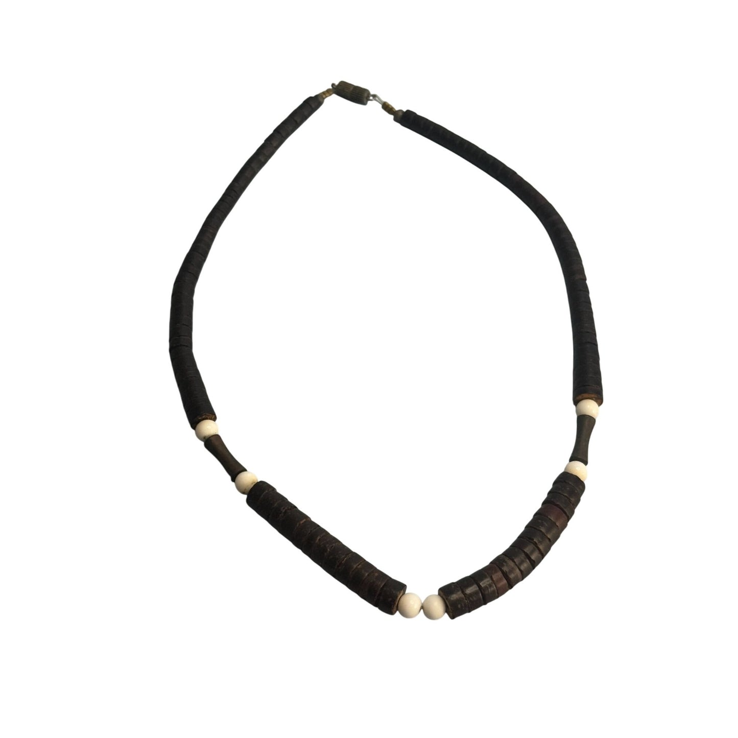 Heshi Style Wood Beads Tribal Folk Art Necklace Brown White 17 Inch Vintage