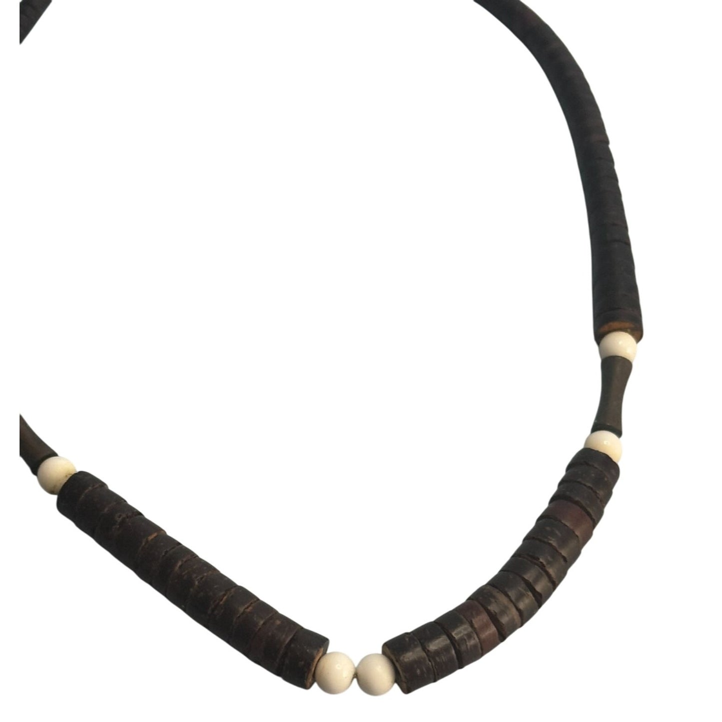 Heshi Style Wood Beads Tribal Folk Art Necklace Brown White 17 Inch Vintage