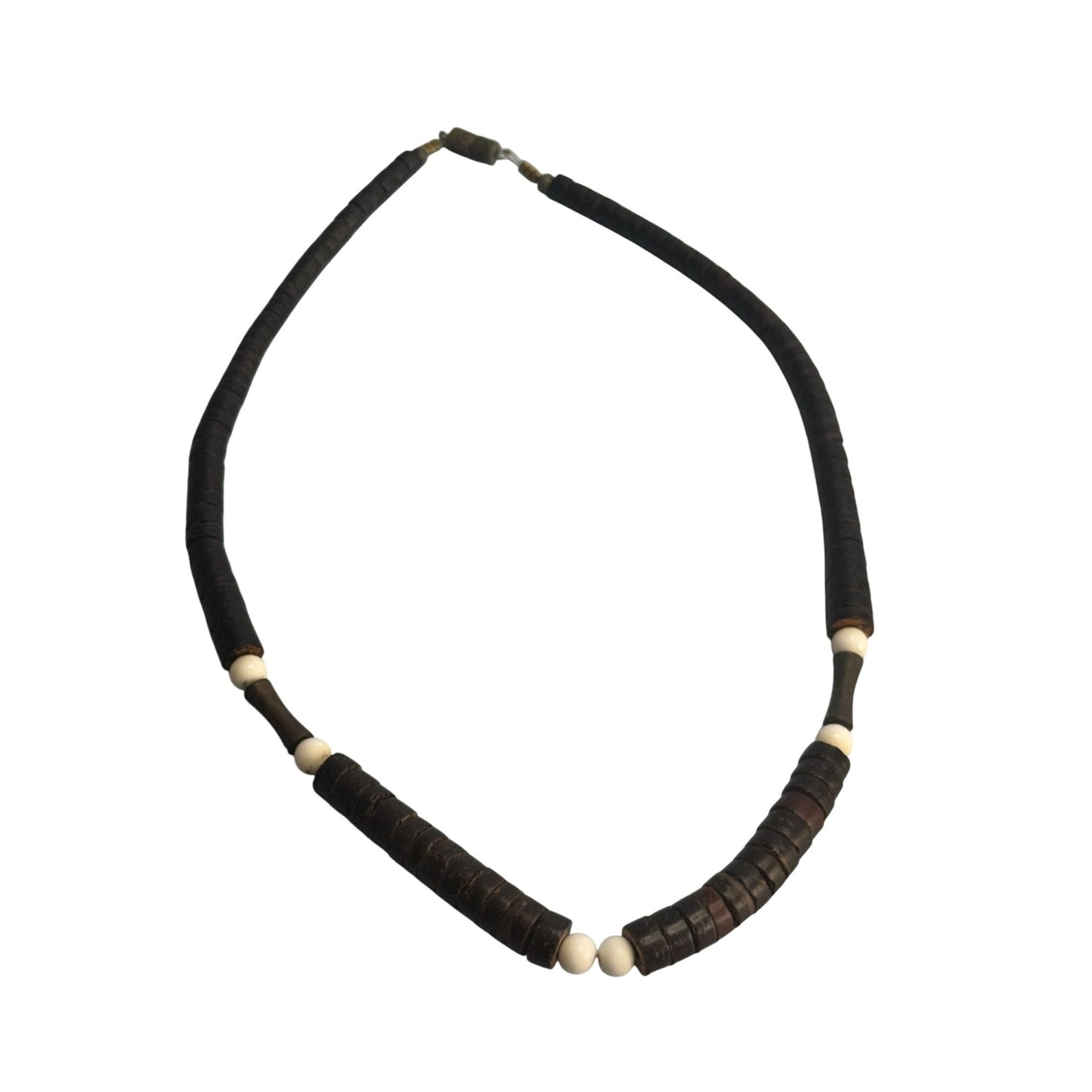 Heshi Style Wood Beads Tribal Folk Art Necklace Brown White 17 Inch Vintage