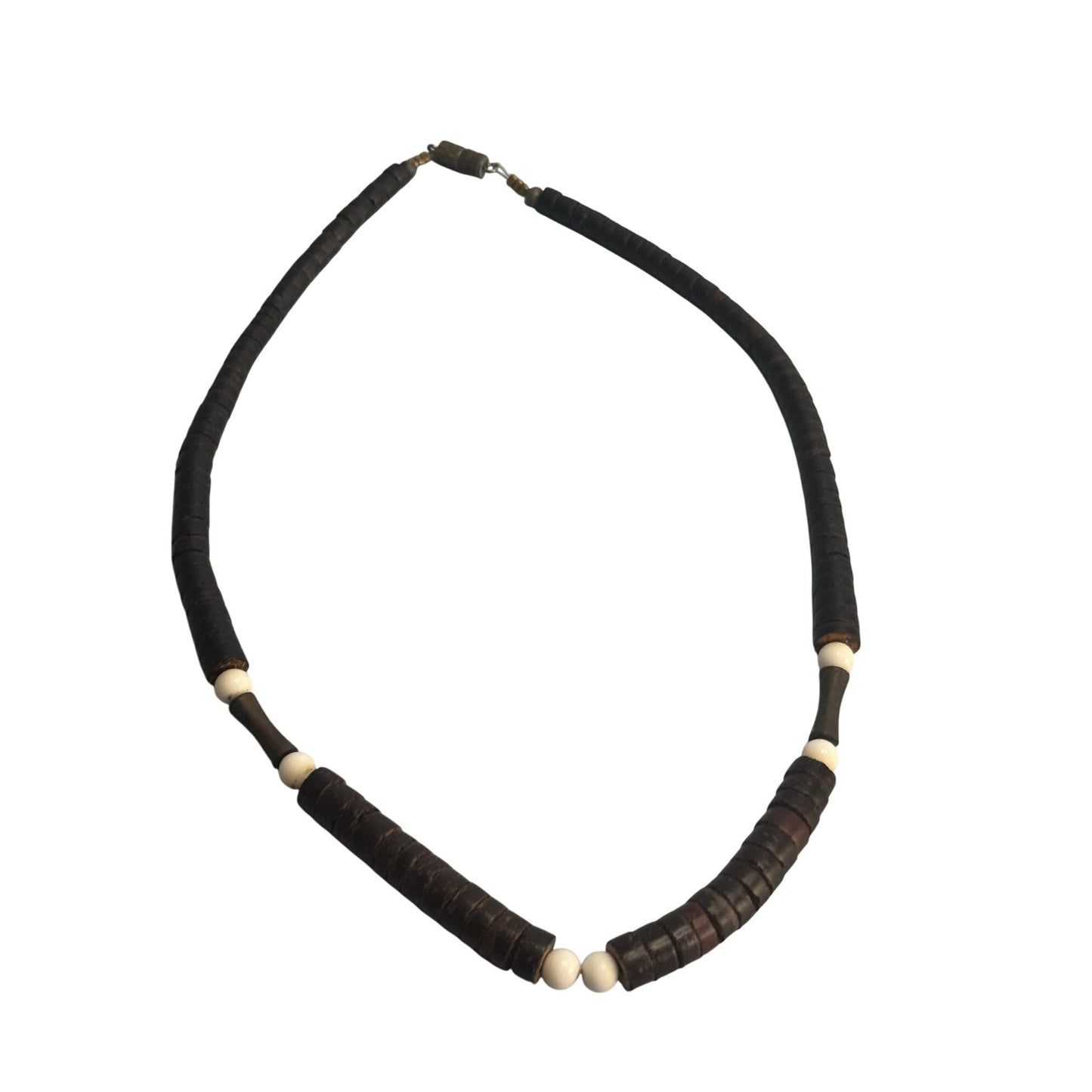 Heshi Style Wood Beads Tribal Folk Art Necklace Brown White 17 Inch Vintage