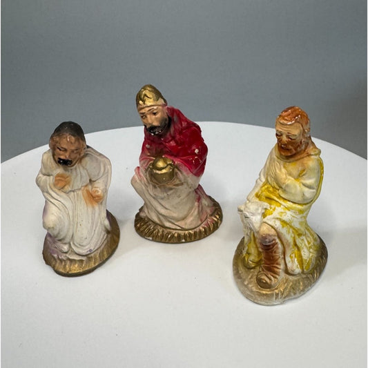 Antique Chalkware Nativity Figures Joseph King Melchior Shepherd c1930 4" Scale 3 1/2"