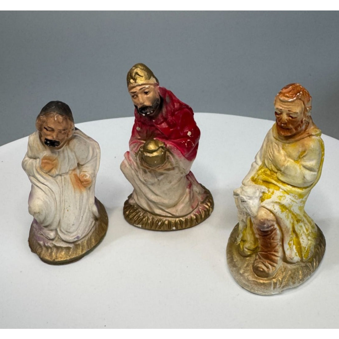 Antique Chalkware Nativity Figures Joseph King Melchior Shepherd c1930 4" Scale 3 1/2"