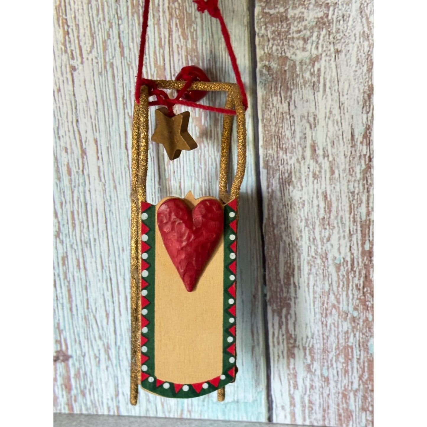Kurt Adler Gold Sled Ornament Red Heart & Star Accents 5 3/4" Long Christmas Home Décor
