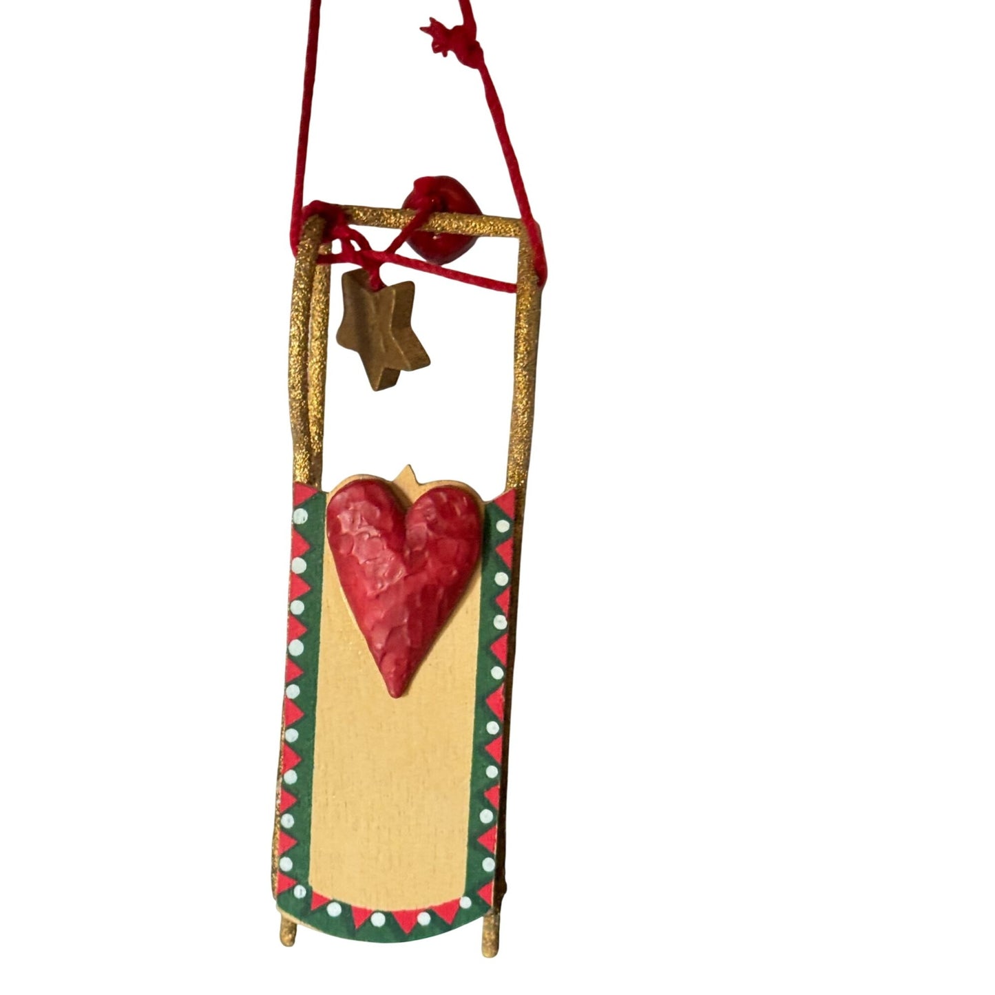 Kurt Adler Gold Sled Ornament Red Heart & Star Accents 5 3/4" Long Christmas Home Décor